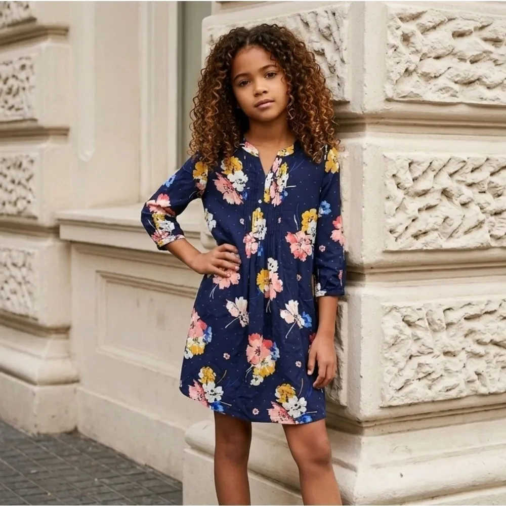 Girls Old Navy LS Pintuck Blue Floral Dot Print Dress Casual School Large 10/12